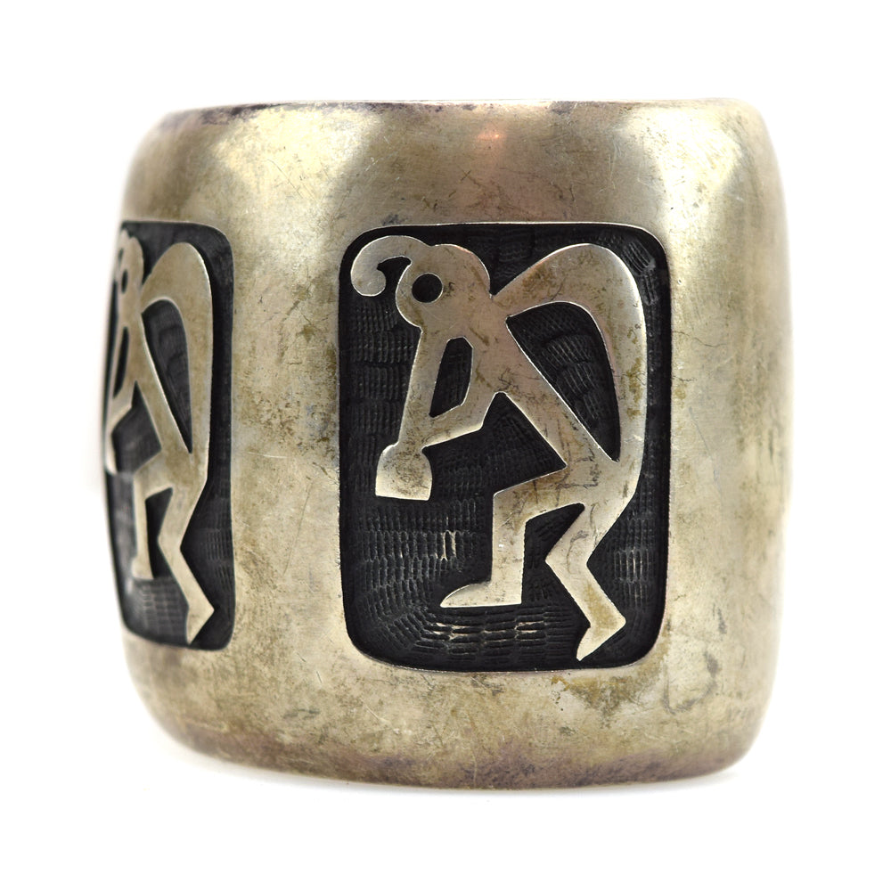 Bernard Dawahoya (1937-2010) - Hopi Silver Overlay Kokopelli Bracelet c. 1980s, Size 8 (J10703)