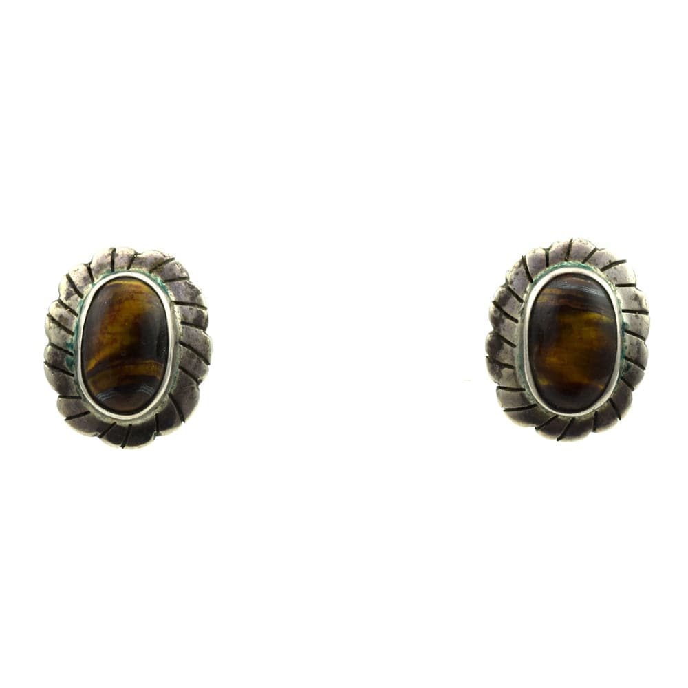 Mexican Golden Tiger's Eye and Sterling Silver Clip-On Earrings c. 1980s, 0.75" x 0.625"