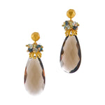 Dana Busch - Pair of Cluster Drop Earrings with Smokey Quartz Faceted, London Blue Topaz, Aquamarine, Peridot and 24Kt Gold Vermeil