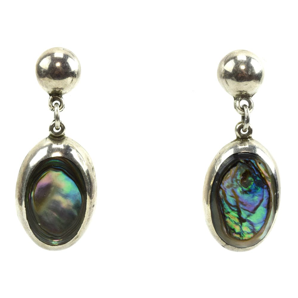 Mexican Abalone and Silver Post Earrings c. 1980s, 1.625" x 0.625"
