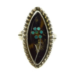 Dishta Family - Zuni Turquoise and Silver Ring with Flower Design c. 1970s, size 5.5 (J10893)