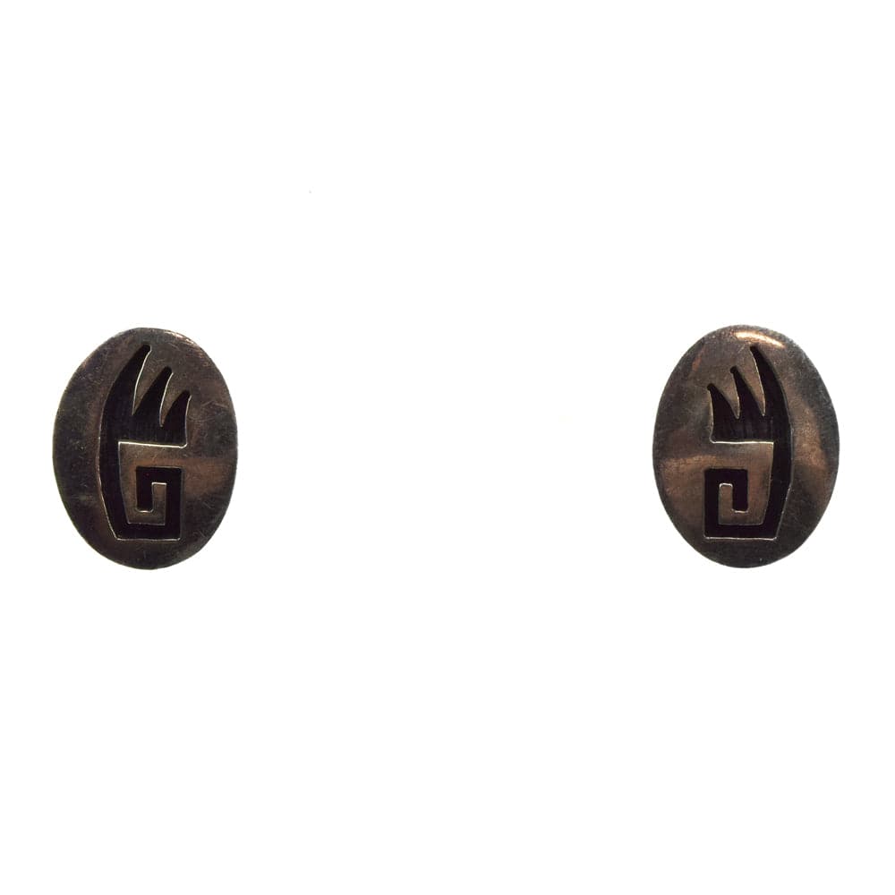 Hopi Silver Overlay Earrings with Bear Paw Design c. 1960s, 0.5" x 0.625"
