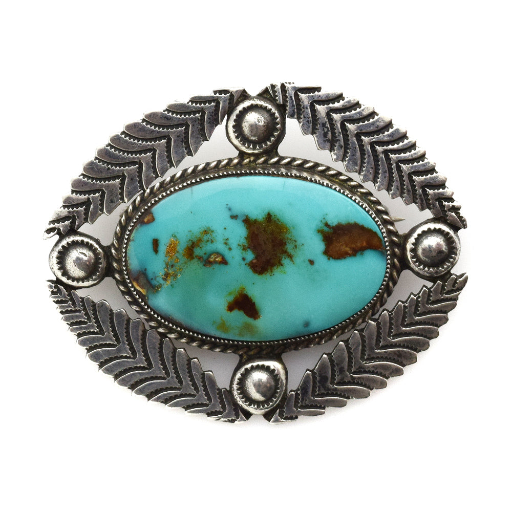 Dean Kirk Trading Post Manuelito, NM - Navajo Turquoise and Silver Pin c. 1940s, 1.5" x 1.75"
