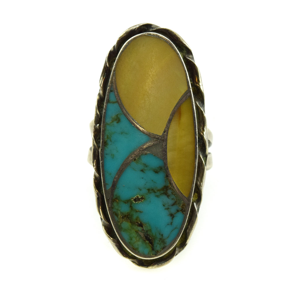 Nelson Lee - Zuni Turquoise and Mother of Pearl Channel Inlay and Silver Ring c. 1970s, size 6.5

