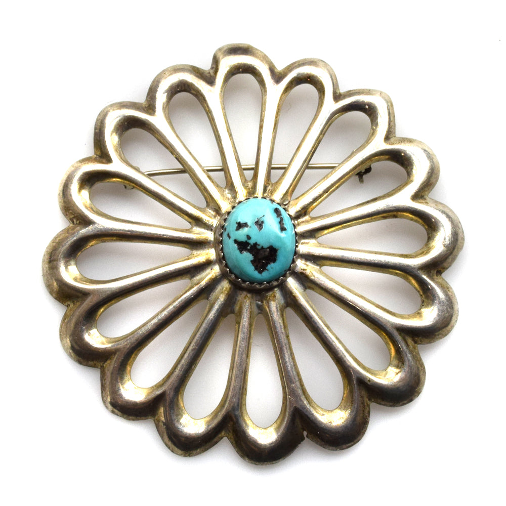 Navajo Turquoise and Sterling Silver Sandcast Pin c. 1950s, 2.5" diameter
