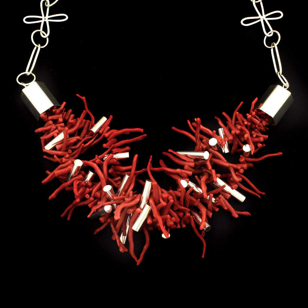 Rodney Coriz - Contemporary Santo Domingo 3-Strand Coral and Silver Necklace, 28" length
