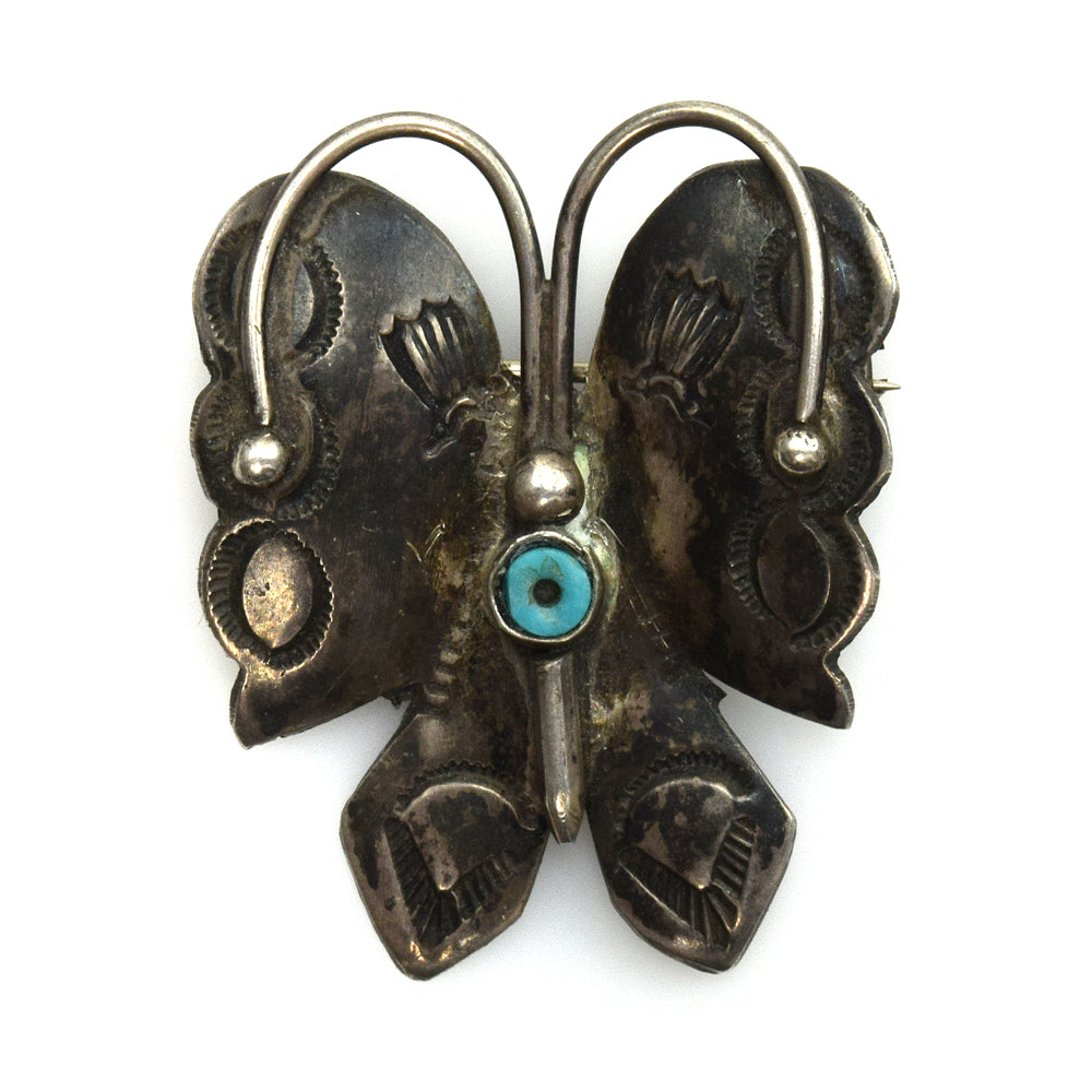 Navajo Turquoise and Silver Butterfly Pin with Stamped Designs c. 1960s, 1.375" x 1.125"

