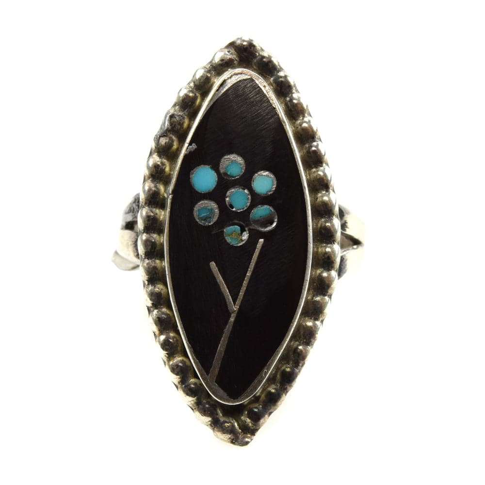 Dishta Family - Zuni Jet and Turquoise Inlay and Silver Ring with Flower Design c. 1970s, size 5 (J11695)
