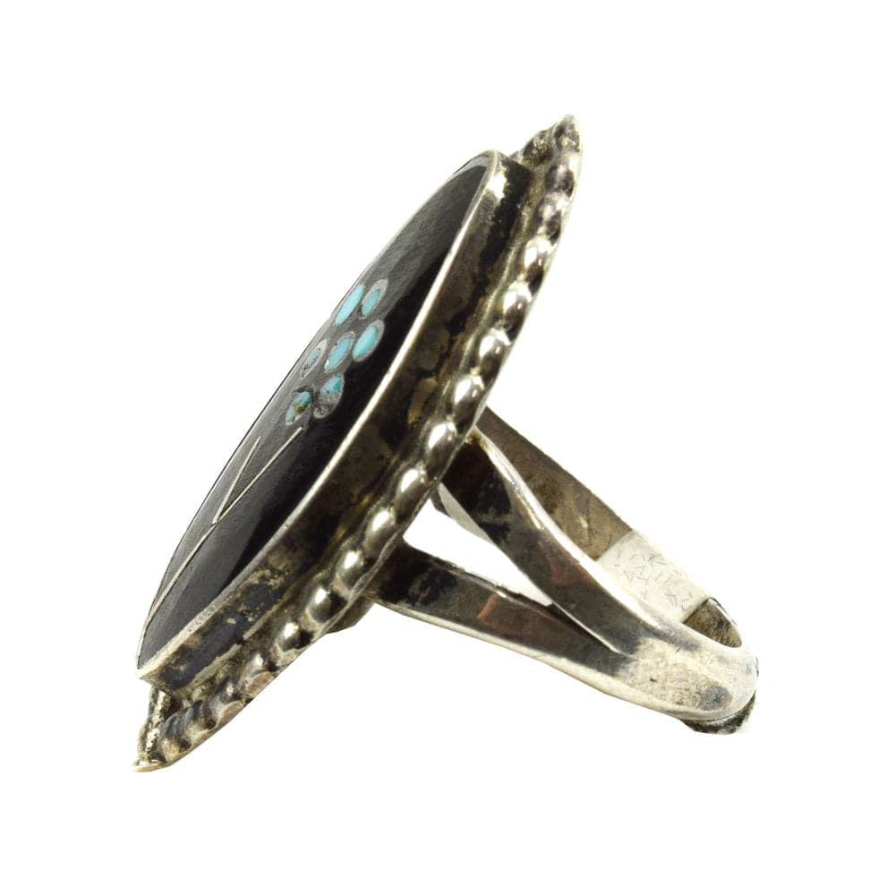 Dishta Family - Zuni Jet and Turquoise Inlay and Silver Ring with Flower Design c. 1970s, size 5 (J11695) 1
