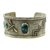 Cordell Pajarito - Kewa Contemporary Turquoise and Silver Bracelet with Dragonfly, Cornstalk, and Flower Design, size 6 (J11986)
