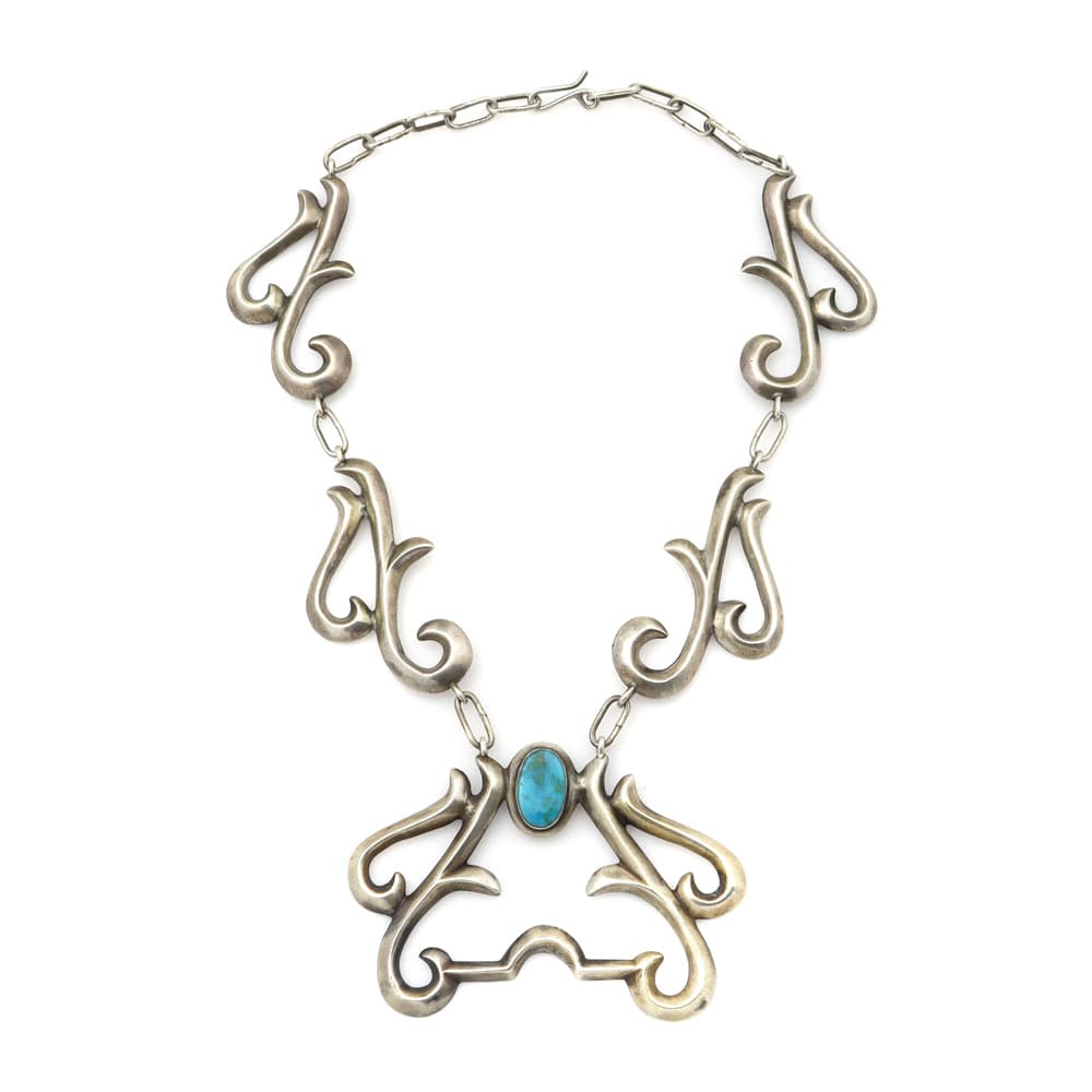 Navajo Guild Blue Gem Turquoise and Silver Sandcast Necklace c. 1930-40s, 14" length (J12063) 1
