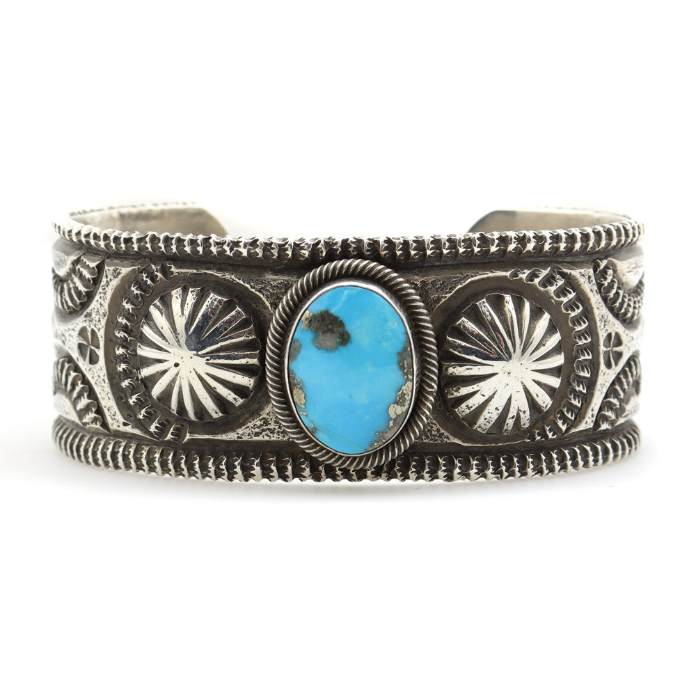 Chris Billie - Navajo Contemporary Morenci Turquoise and Sterling Silver Bracelet with Stamped Designs, size 6.75 (J12166)
