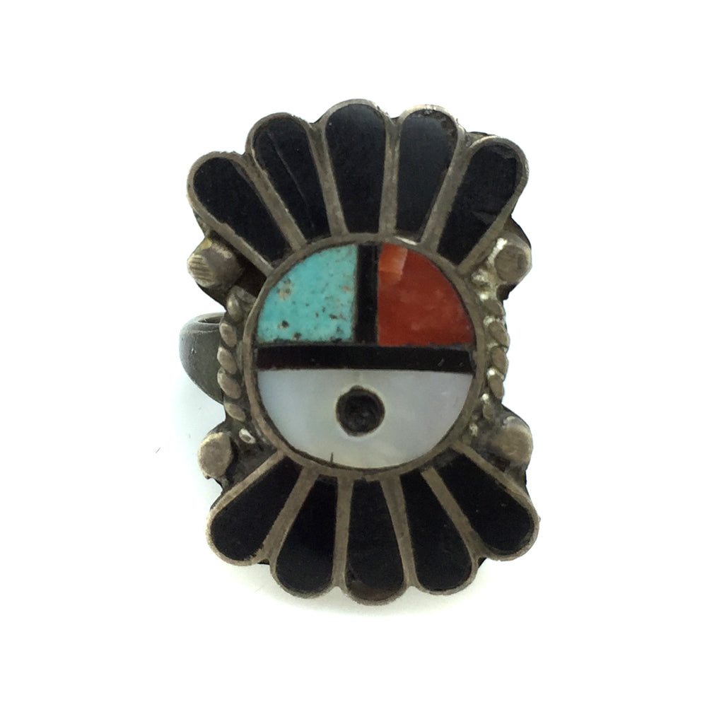 Zuni Multi-Stone Channel Inlay and Silver Sunface Kachina Ring c. 1950s, size 4.5 (J12287)
