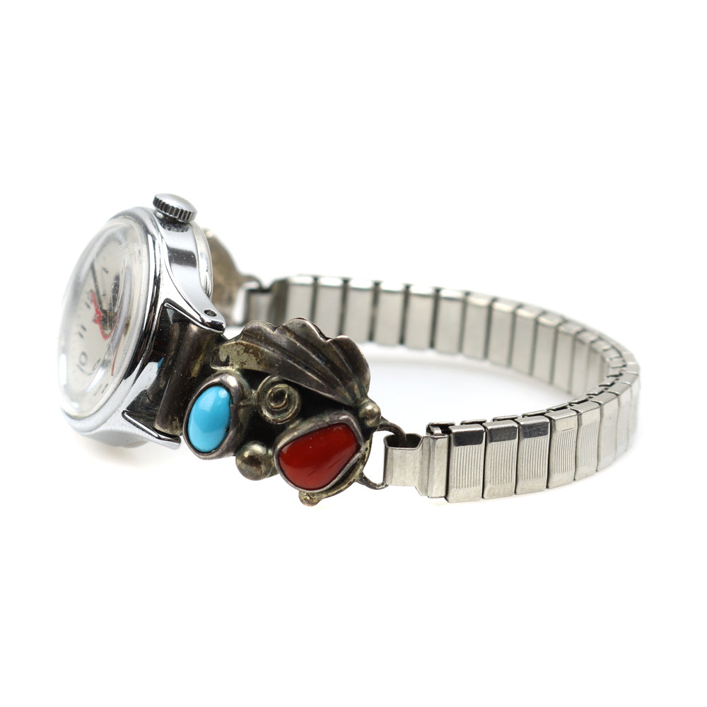 Navajo Turquoise, Coral, and Silver Watchband c. 1970s, size 4.5 (J12348)
