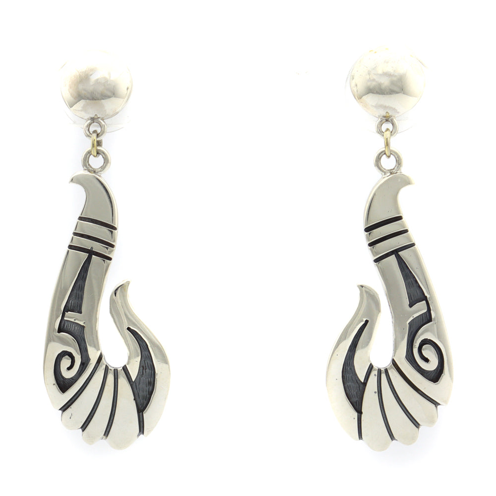 Roy Talahaftewa - Hopi Contemporary Sterling Silver Overlay Post Earrings, 2.125" x 0.75" (J12429)
