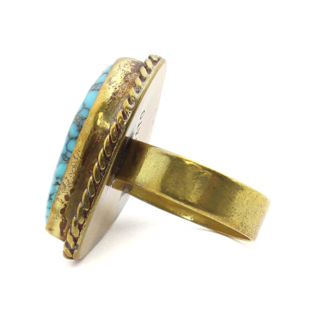 Ray Lovato (b. 1946) - Santo Domingo (Kewa) Turquoise and Brass Ring c. 1980s, size 7 (J12677) 1
