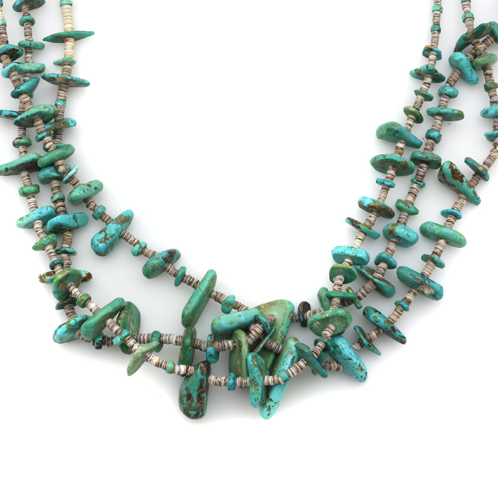 Santo Domingo (Kewa) 3-Strand Turquoise and Heishi Necklace c. 1920s, 27" length (J12714)
