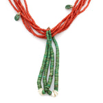 Navajo Turquoise and Coral Heishi-Style Necklace with Joclas c. 1930s, 28" length (J12723)
