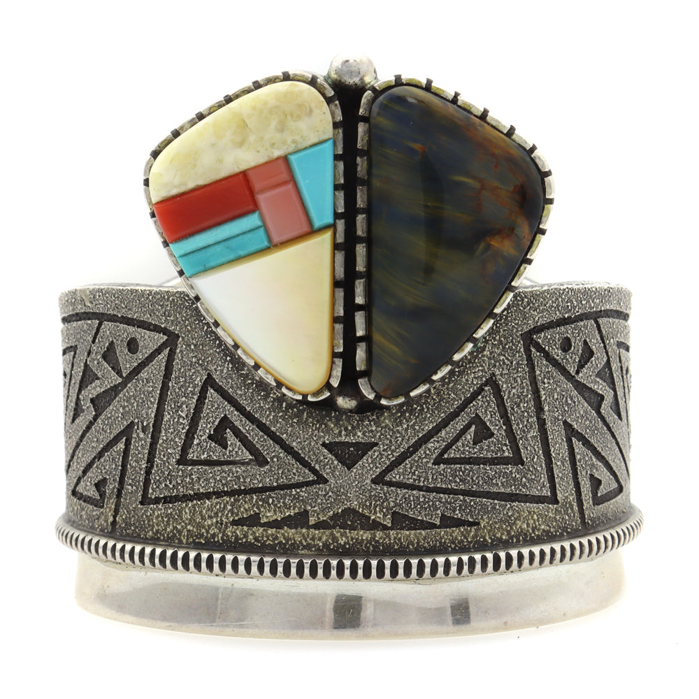 Richard Tsosie (b. 1956) - Navajo Contemporary Multi-Stone Inlay and Silver Overlay Bracelet c. 1990s, size 6.25 (J12797-CO)
