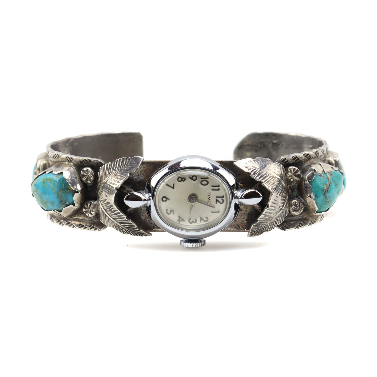 Navajo Turquoise and Silver Watch Band with Floral Design c. 1960-70s, size 5.75 (J12980) 1
