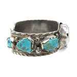 Navajo Turquoise and Silver Watch Band with Floral Design c. 1960-70s, size 5.75 (J12980) 2
