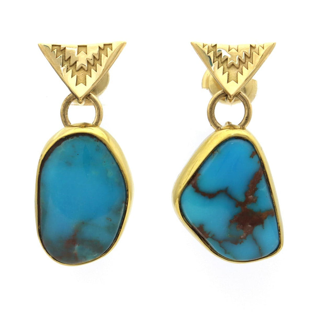 Mark Sublette Collection - Featuring Sam Patania - Bisbee Turquoise, 22K Gold, 18K Gold, and Sterling Silver Post Earrings, 1.25" x 0.5" (J12993)
