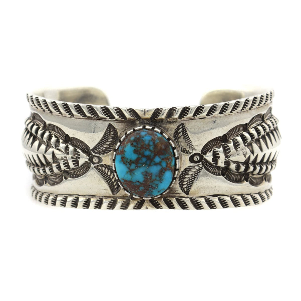 Ernie Lister - Navajo Bisbee Turquoise and Silver Bracelet with Stamped Design c. 2015-2017, size 7 (J13014)
