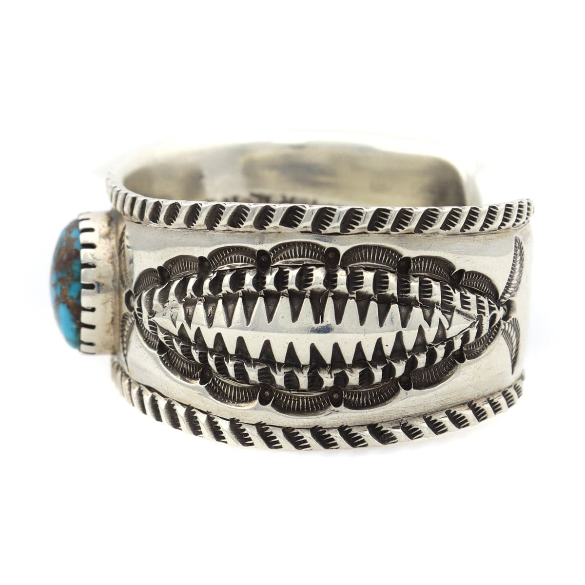 Ernie Lister - Navajo Bisbee Turquoise and Silver Bracelet with Stamped Design c. 2015-2017, size 7 (J13014) 1
