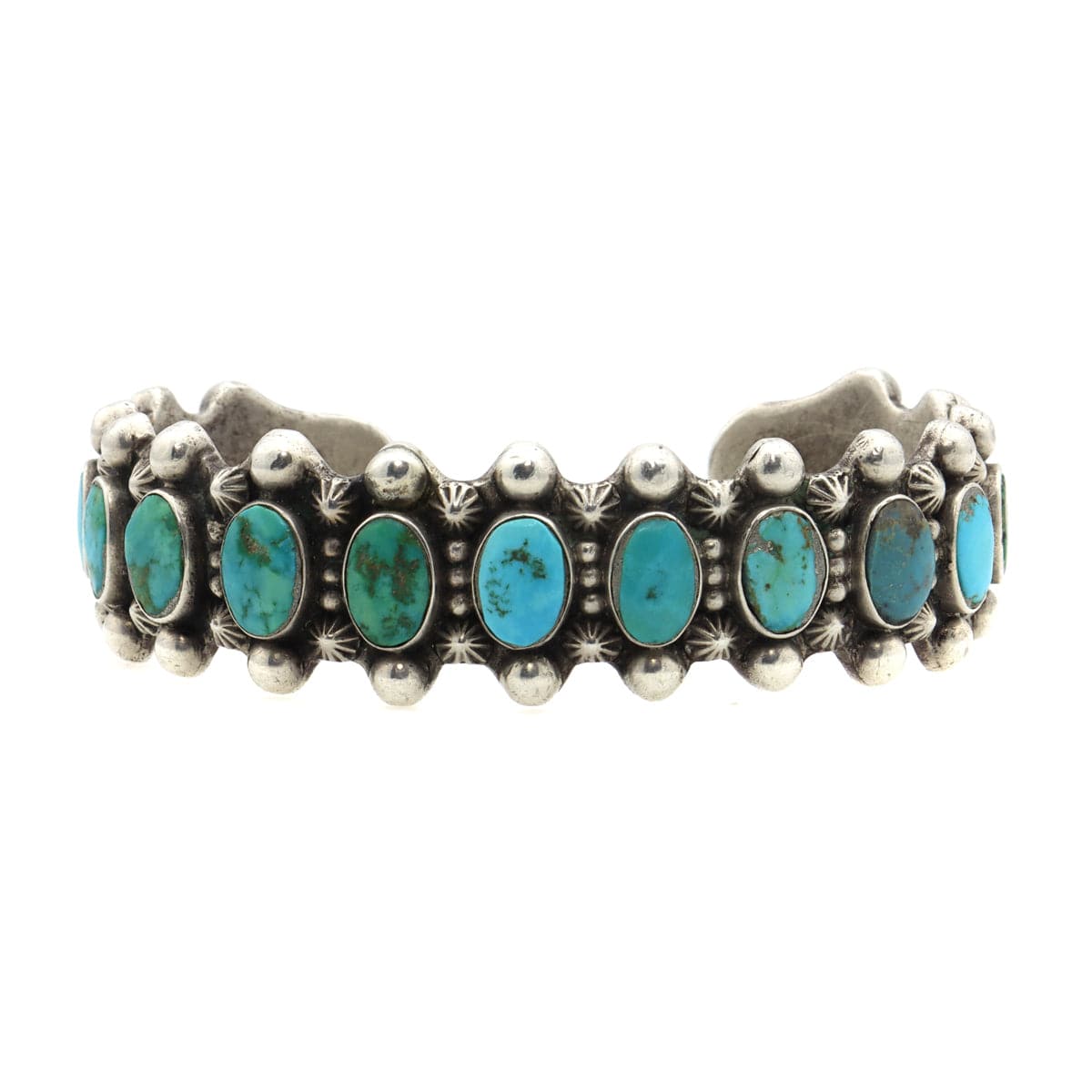 Navajo Turquoise and Silver Bracelet with Row Design c. 1930s, size 6.75 (J13129)
