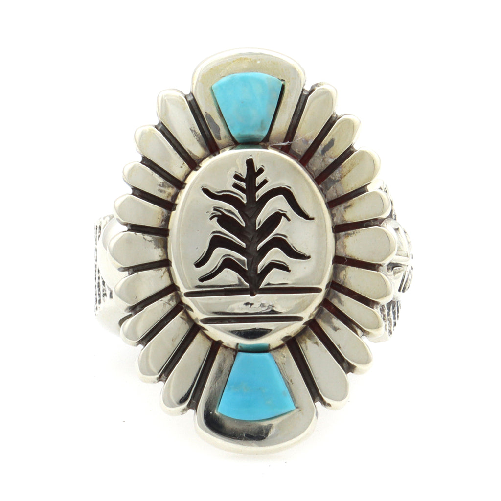 Roy Talahaftewa - Hopi Contemporary Morenci Turquoise and Sterling Silver Sandcast Ring with Cornstalk Design, size 9 (J13161) 
