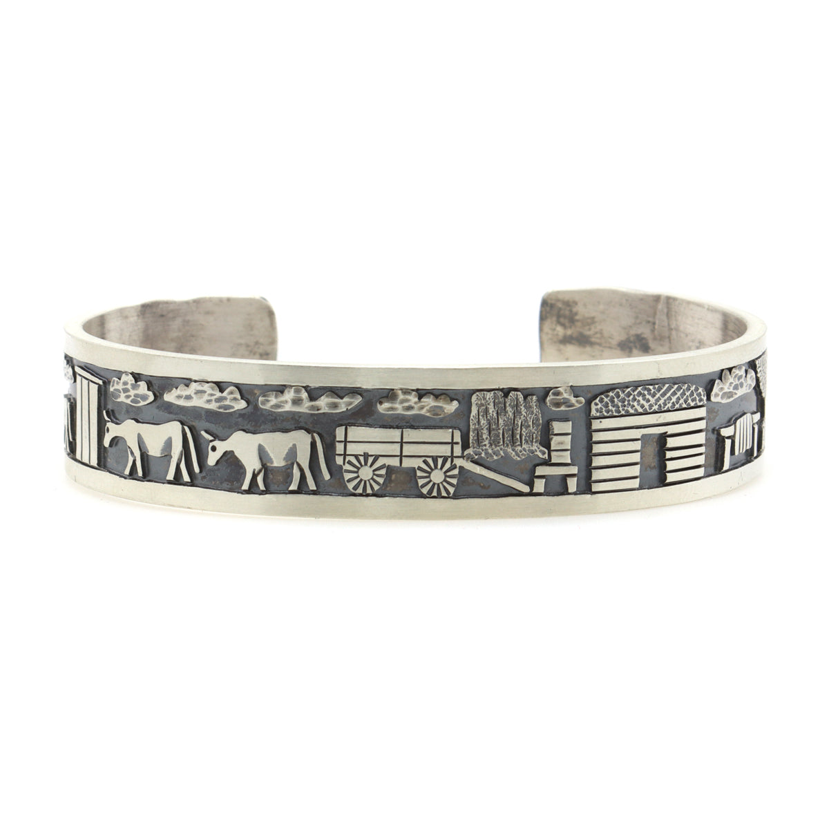 Roland Begay - Navajo Contemporary Sterling Silver Storyteller Bracelet with Stamped Design, size 6.5 (J13219)
