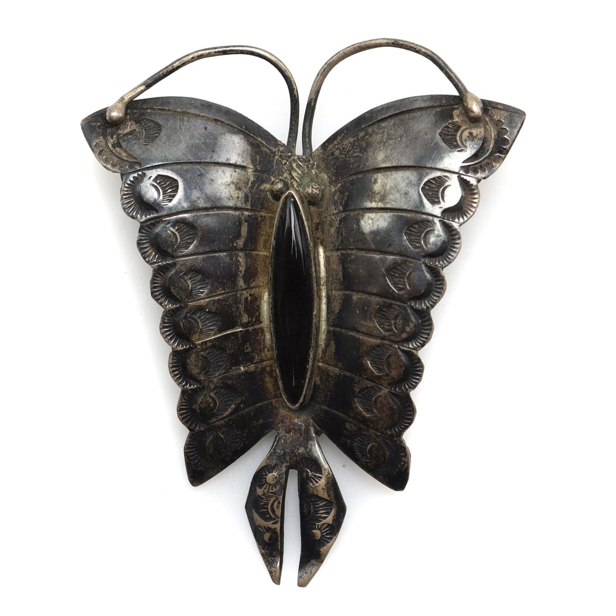 Navajo Onyx and Silver Butterfly Pin with Stamped Design c. 1930-40s, 2.25" x 2" (J13251)
