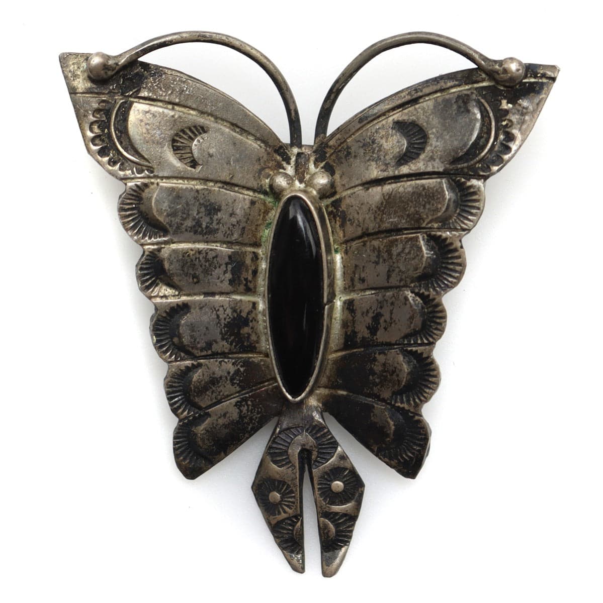Navajo Onyx and Silver Butterfly Pin with Stamped Design c. 1930-40s, 1.75" x 1.625" (J13252)
