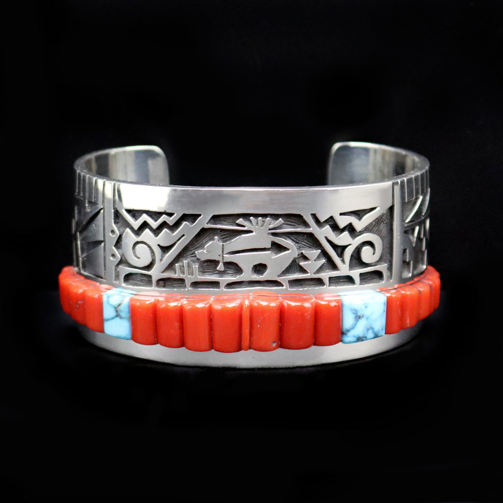 Timmy Yazzie - Navajo/San Felipe Contemporary Turquoise, Coral, and Sterling Silver Overlay Bracelet with Heartline Bear Design, size 7 (J13296)
