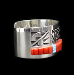 Timmy Yazzie - Navajo/San Felipe Contemporary Turquoise, Coral, and Sterling Silver Overlay Bracelet with Heartline Bear Design, size 7 (J13296) 1
