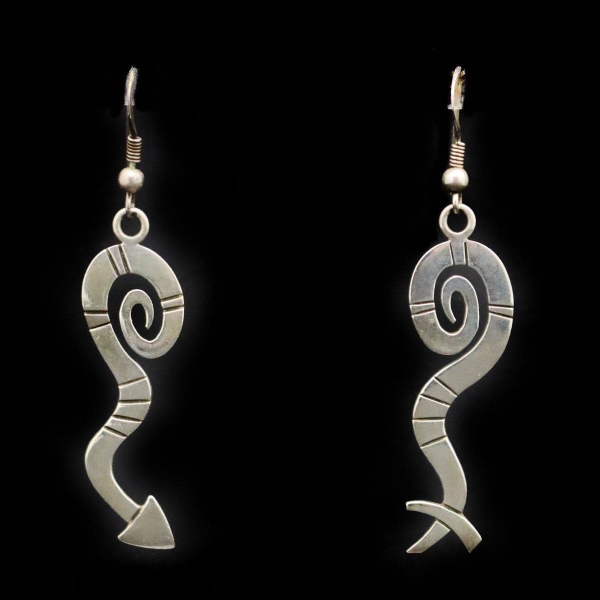 Victor Lee Masayesva (b. 1962) - Hopi Silver Overlay Hook Earrings c. 2000s, 2.25" x 0.5" (J13312)
