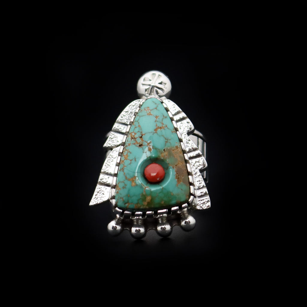 Roy Talahaftewa - Hopi Contemporary Turquoise, Coral, and Sterling Silver Tufacast Overlay Ring, size 9 (J13337)
