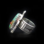 Roy Talahaftewa - Hopi Contemporary Turquoise, Coral, and Sterling Silver Tufacast Overlay Ring, size 9 (J13337) 3