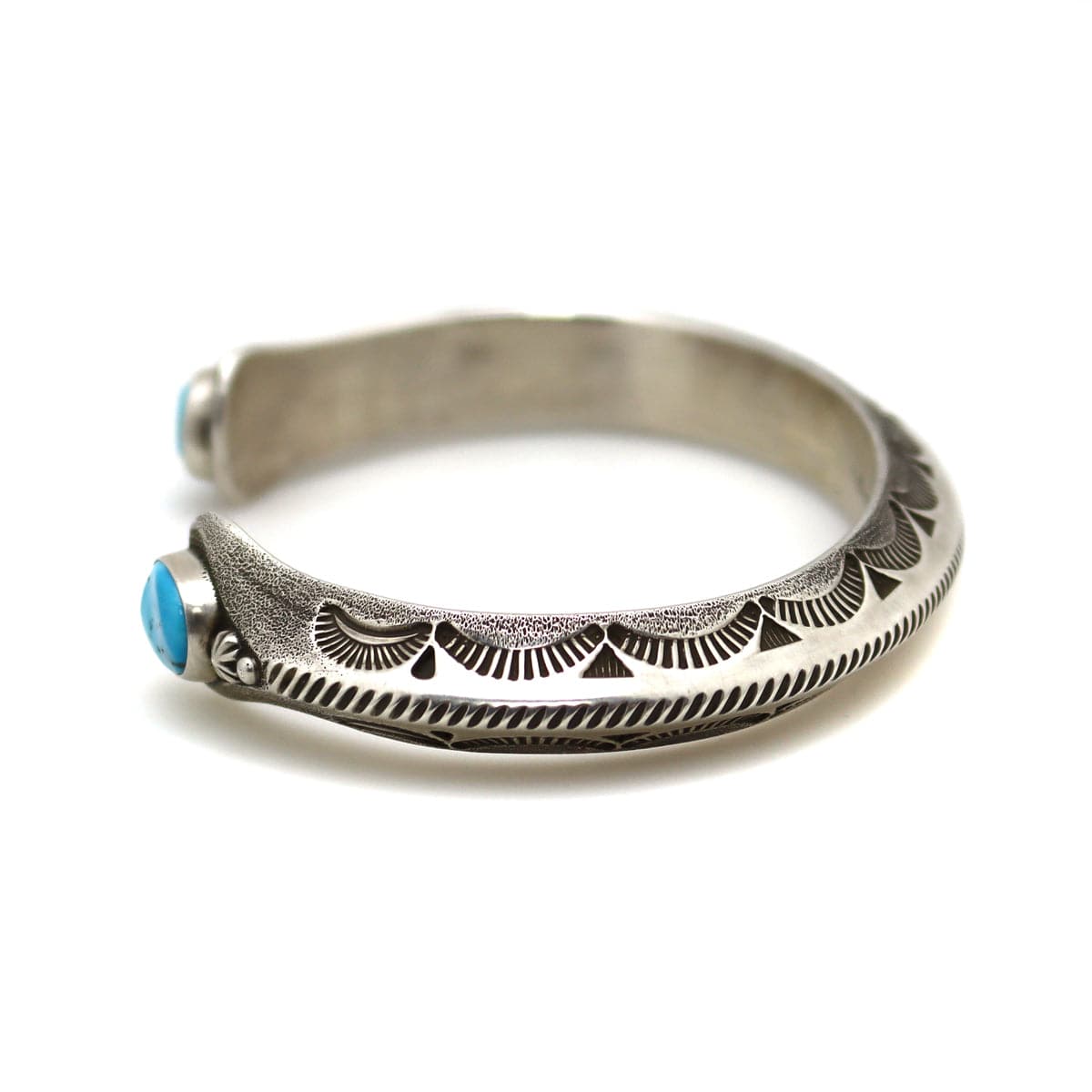 Kee Nataani - Navajo Contemporary Kingman Turquoise and Silver Bracelet with Stamped Design, size 9.25 (J13359)3