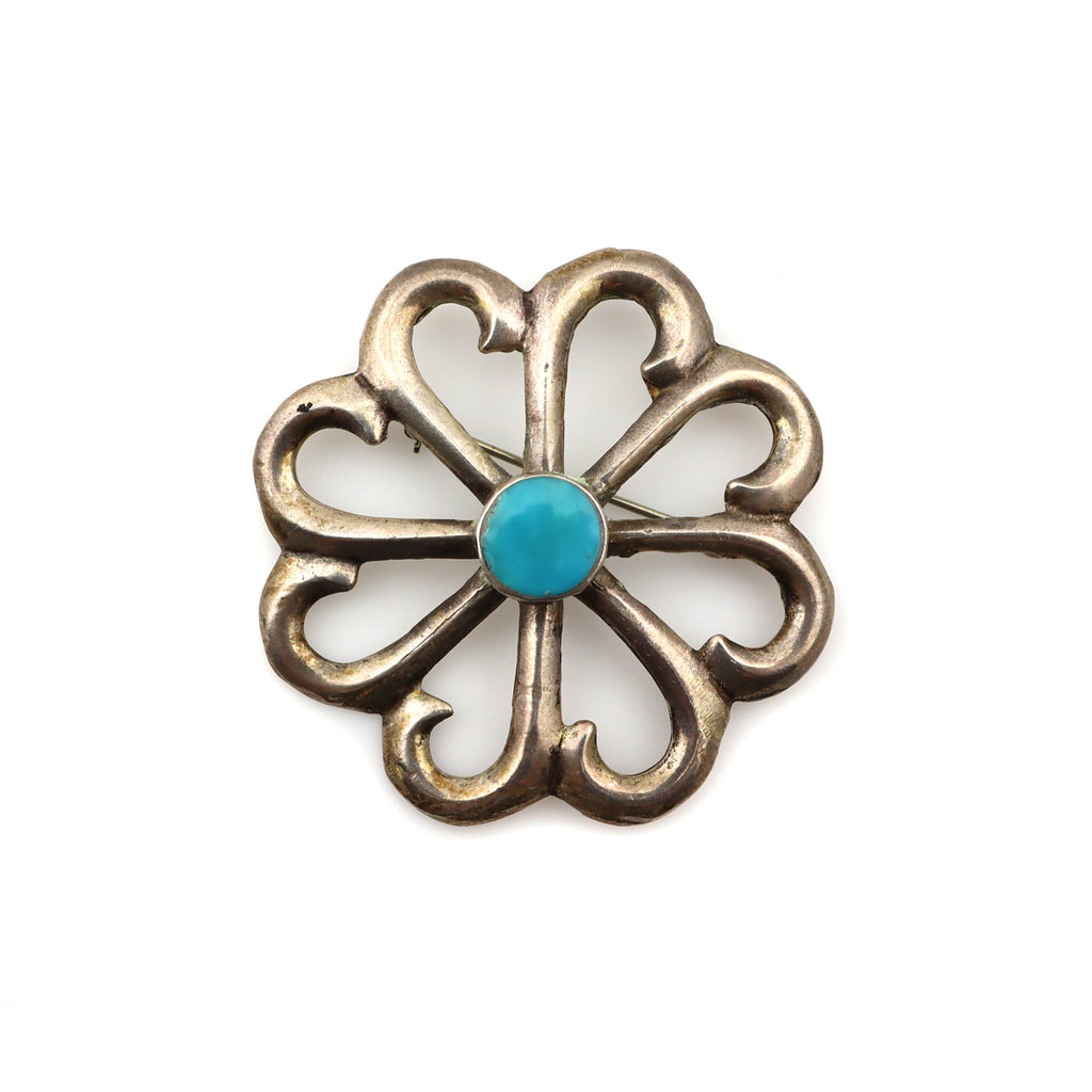 Navajo Turquoise and Silver Sandcast Pin c. 1950-60s, 2" diameter (J13421)
