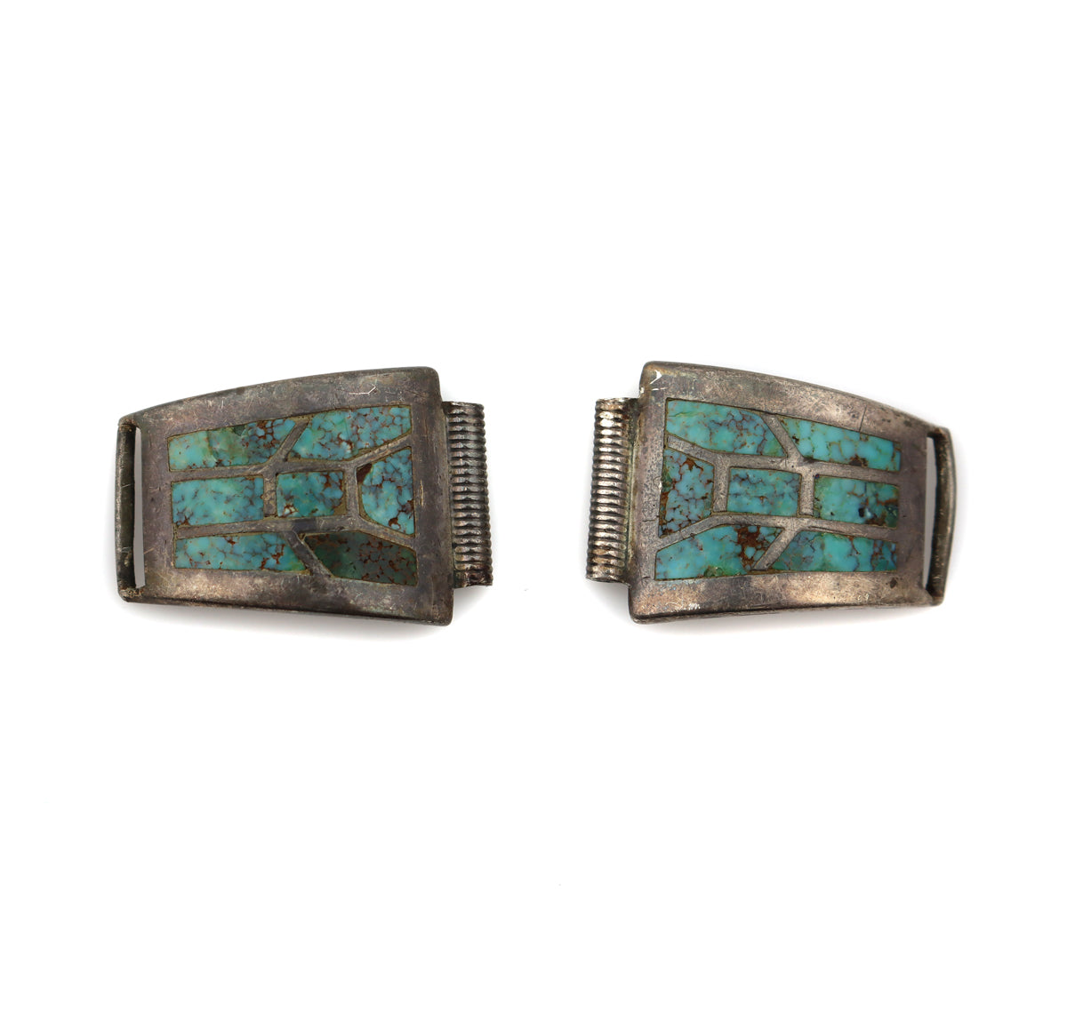 Zuni Turquoise Inlay and Silver Watchband Clips c. 1950s, 0.875" x 1.375", each (J13425)
