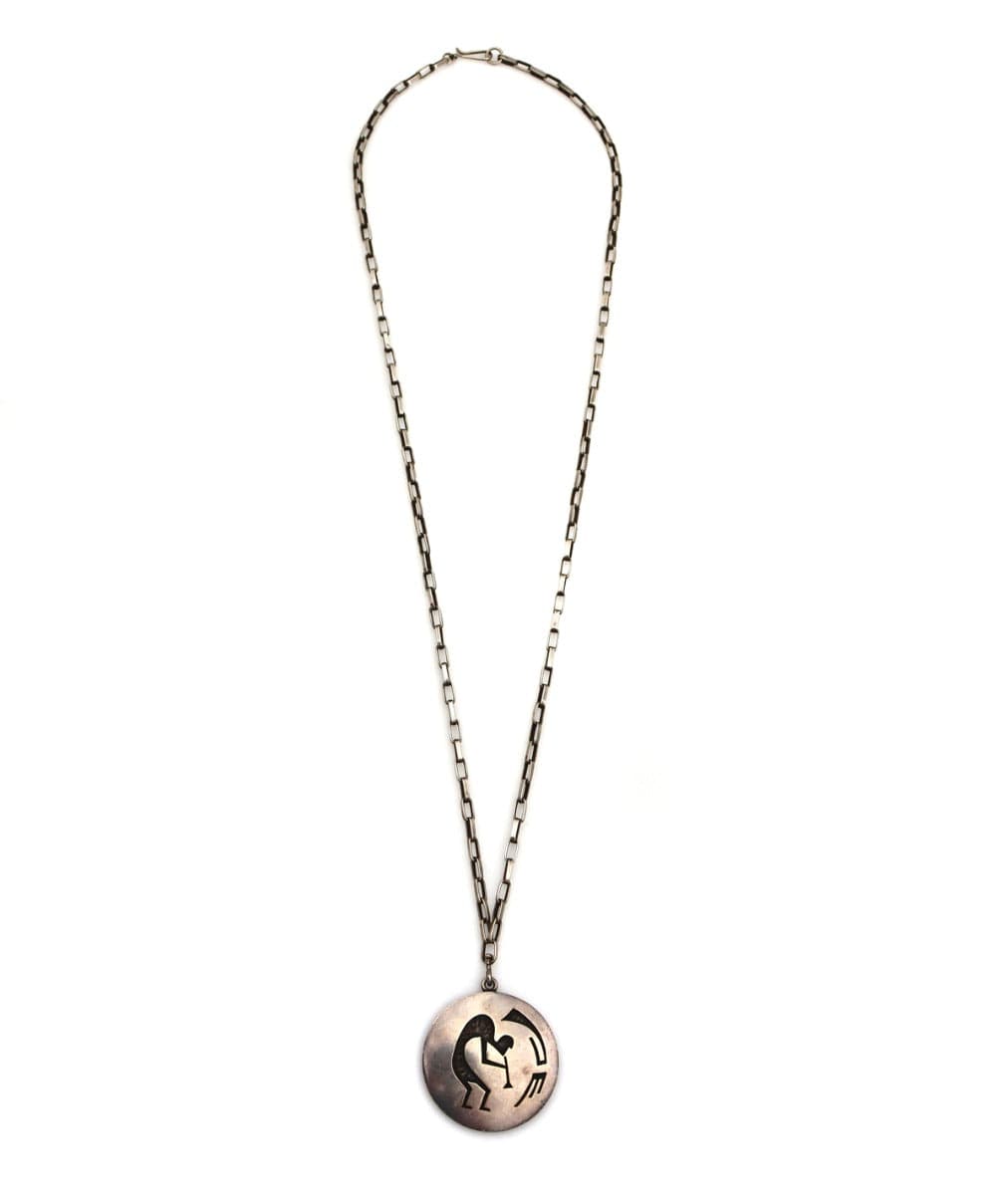 Hopi Silver Overlay Pendant with Handmade Silver Chain c. 1960s, 30" length, 1.75" pendant (J13430)
