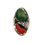 Navajo Turquoise, Coral, and Silver Ring c. 1940-50s, size 11 (J13439)
