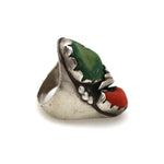 Navajo Turquoise, Coral, and Silver Ring c. 1940-50s, size 11 (J13439) 3
