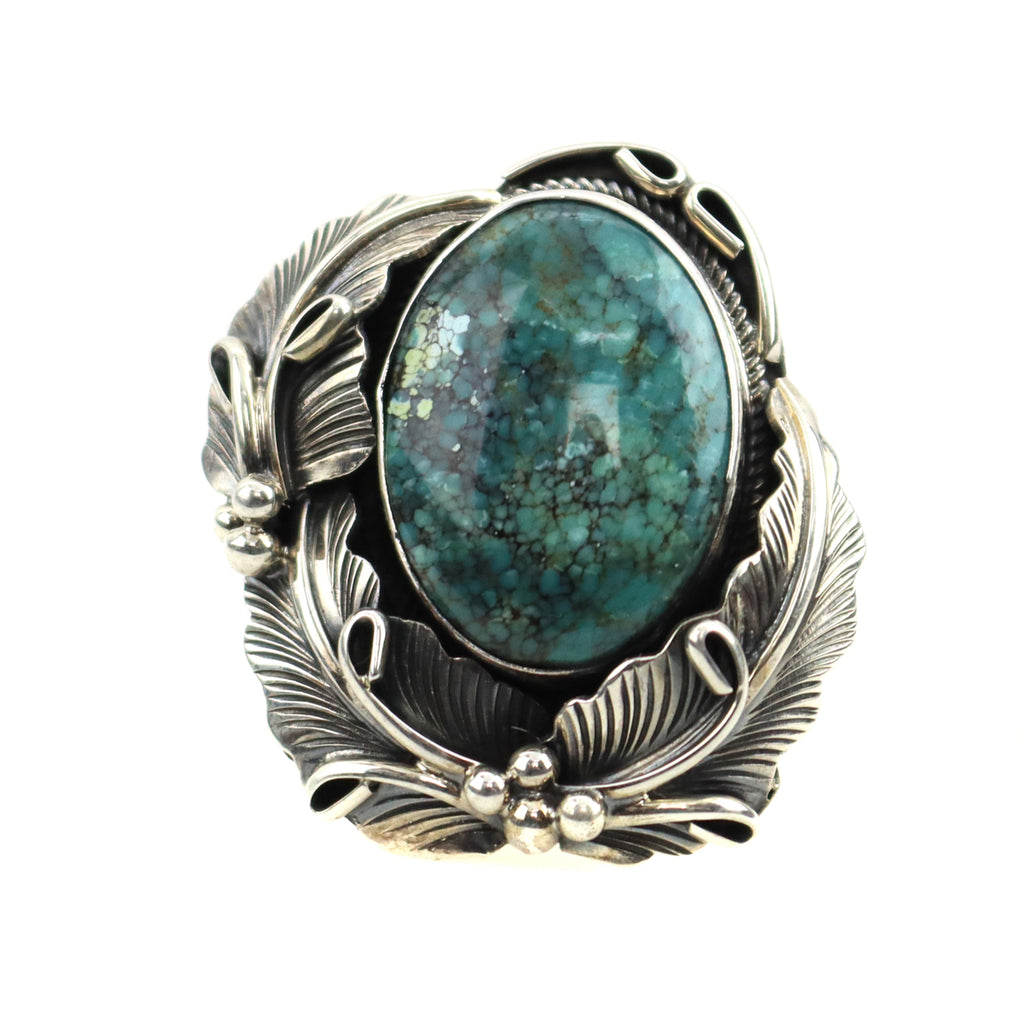 Navajo Turquoise and Silver Ring with Floral Design c. 1980-90s, size 6.25 (J13493)
