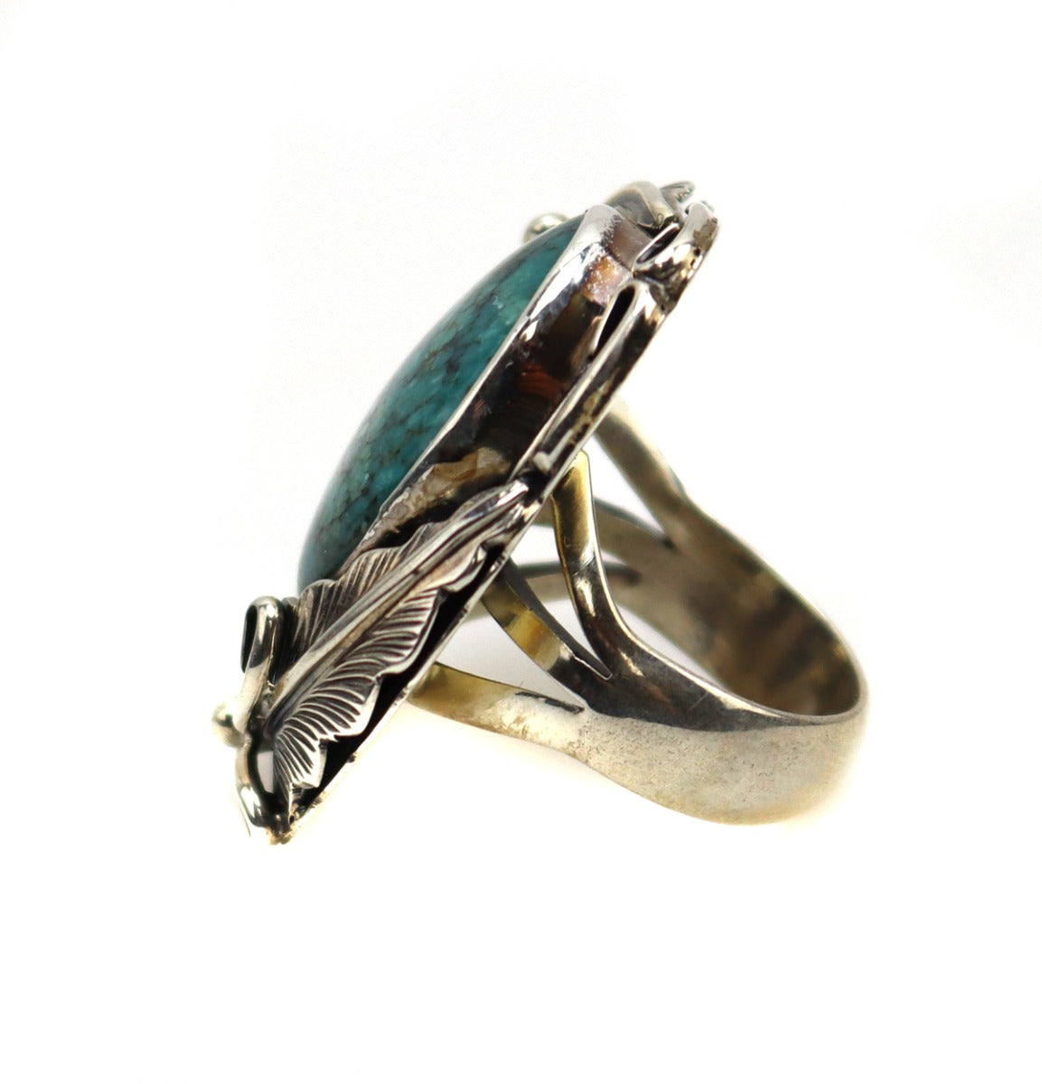 Navajo Turquoise and Silver Ring with Floral Design c. 1980-90s, size 6.25 (J13493) 1
