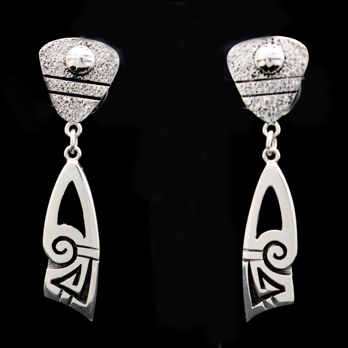 Roy Talahaftewa - Hopi Contemporary Sterling Silver Dangle Post Earrings, 2.25" x 0.5" (J13614)