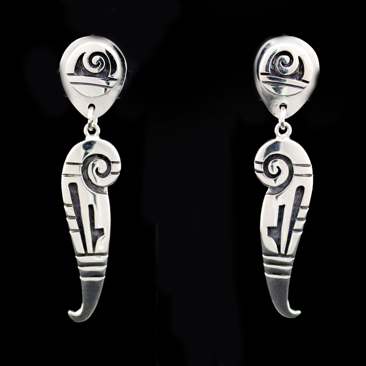 Roy Talahaftewa - Hopi Contemporary Sterling Silver Dangle Post Earrings, 2.25" x 0.625" (J13615)