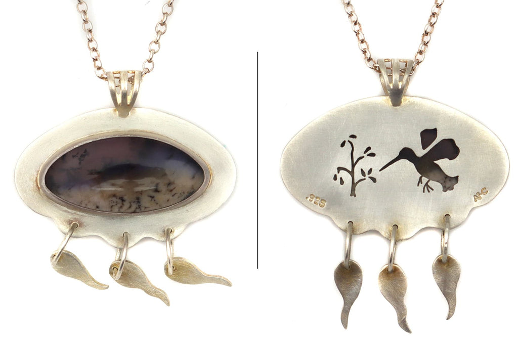Amelia Joe Chandler - Navajo Contemporary Dendritic Agate and Silver Necklace with Hummingbird Pictorial, 20" length (J13807)
