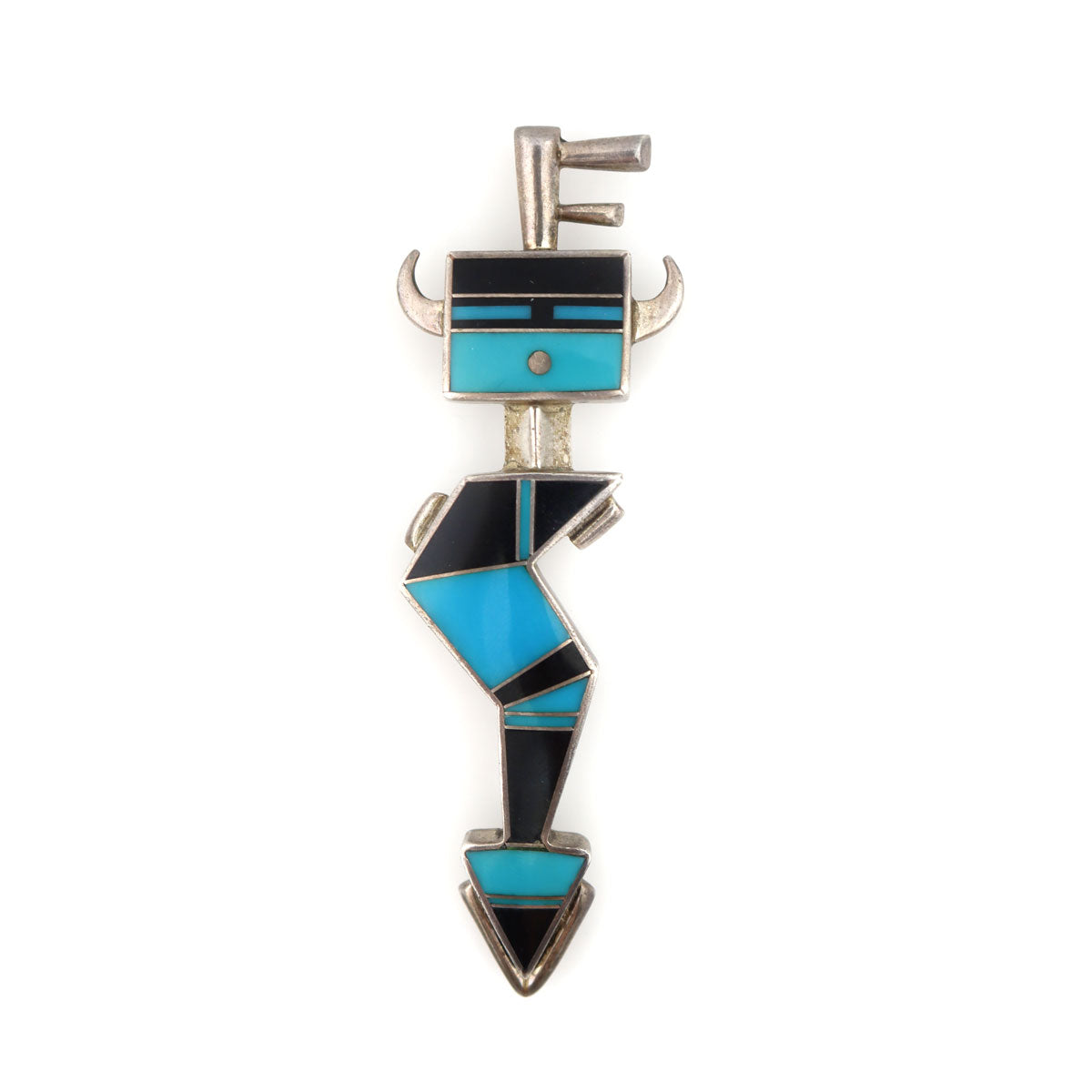 Ray Tracey (b. 1953) and Knifewing Segura - Navajo/Chiricahua Apache Contemporary Turquoise and Jet Channel Inlay with Sterling Silver Pin/Pendant in Kachina Design, 3.25" x 1" (J13831)